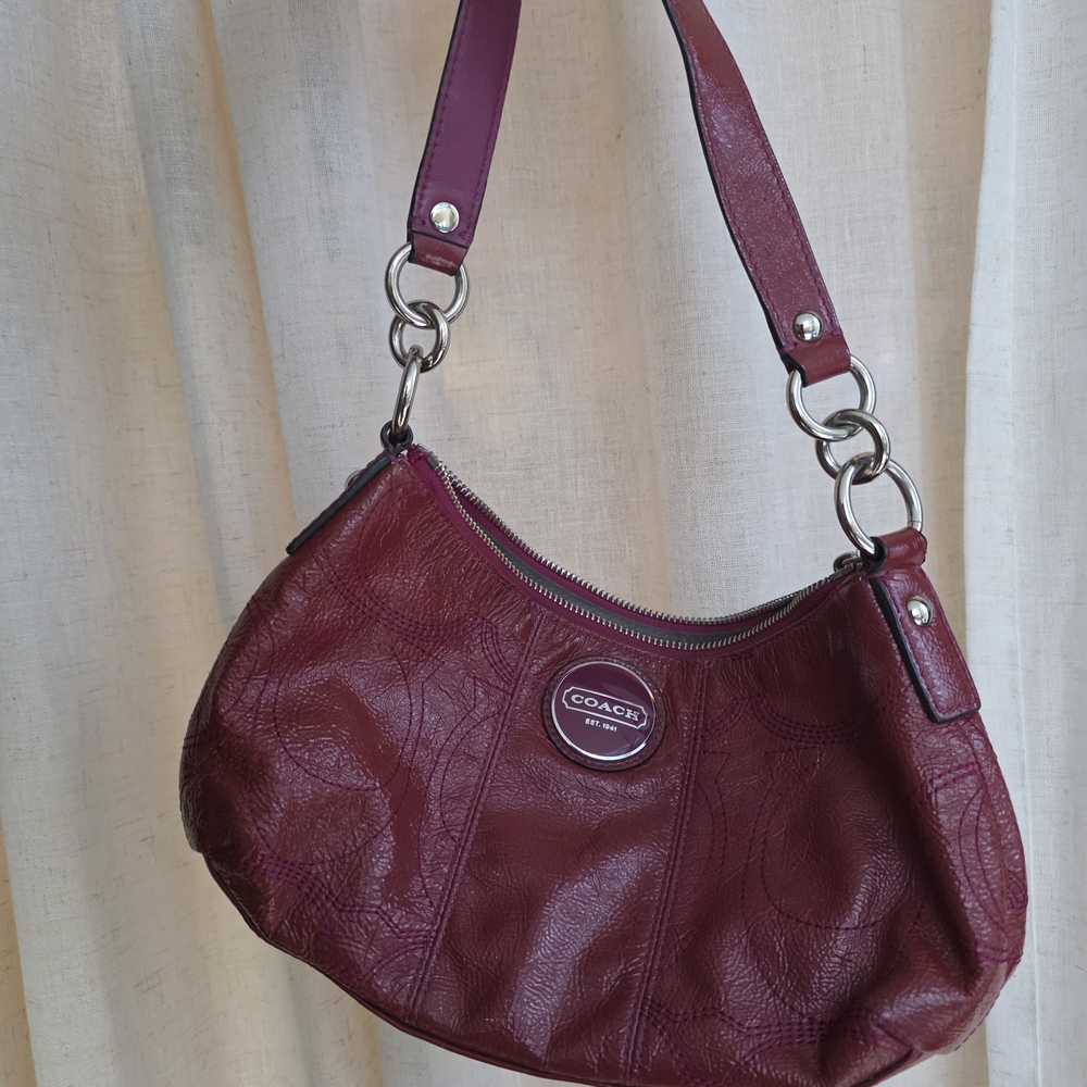 Coach Wine Leather Shoulder Bag with Silver Hardware